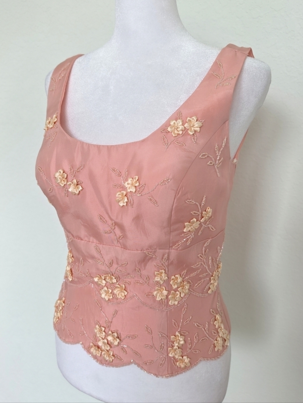 Y2K Pink Beaded Floral Tank Top M Fairycore Coquette Satin Embroidered Corset